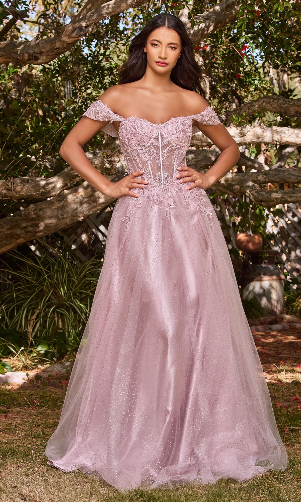 A woman stands outdoors in the Off-Shoulder Long Glitter A-Line Prom Dress CD0198, a light pink tulle gown with floral embellishments, embroidered lace details, and a fitted bodice.